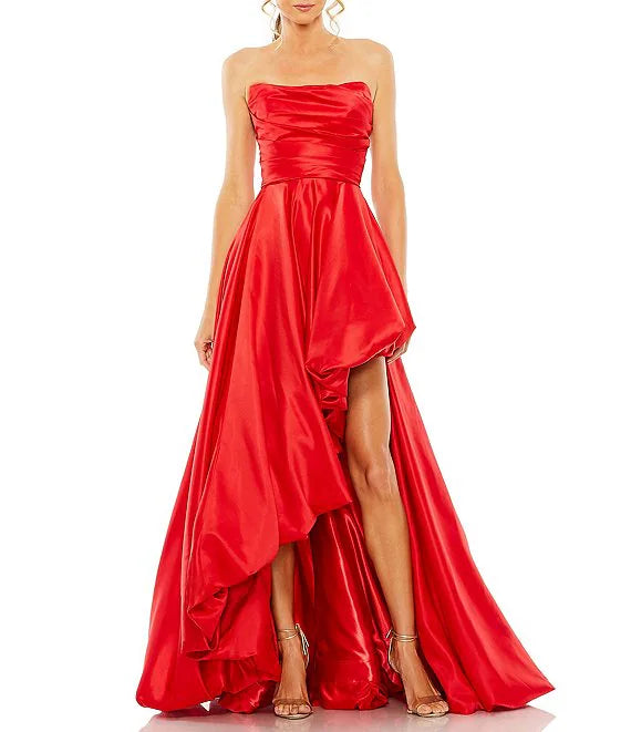 Strapless Sleeveless Ruched Asymmetrical Bubble Hem Gown
