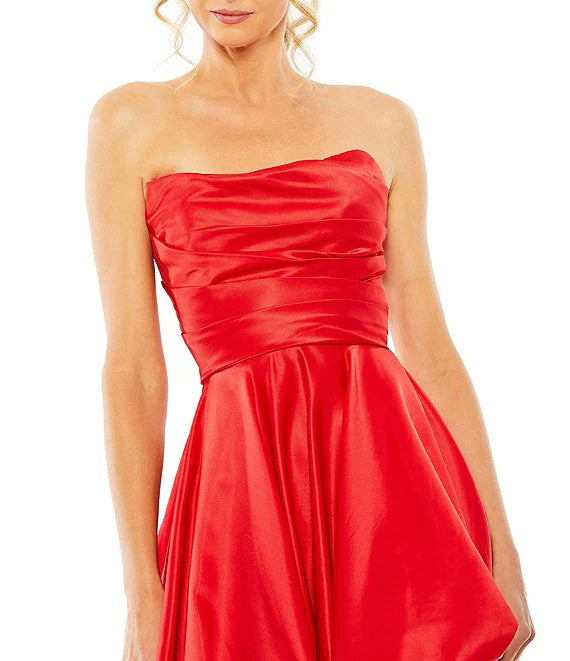 Strapless Sleeveless Ruched Asymmetrical Bubble Hem Gown