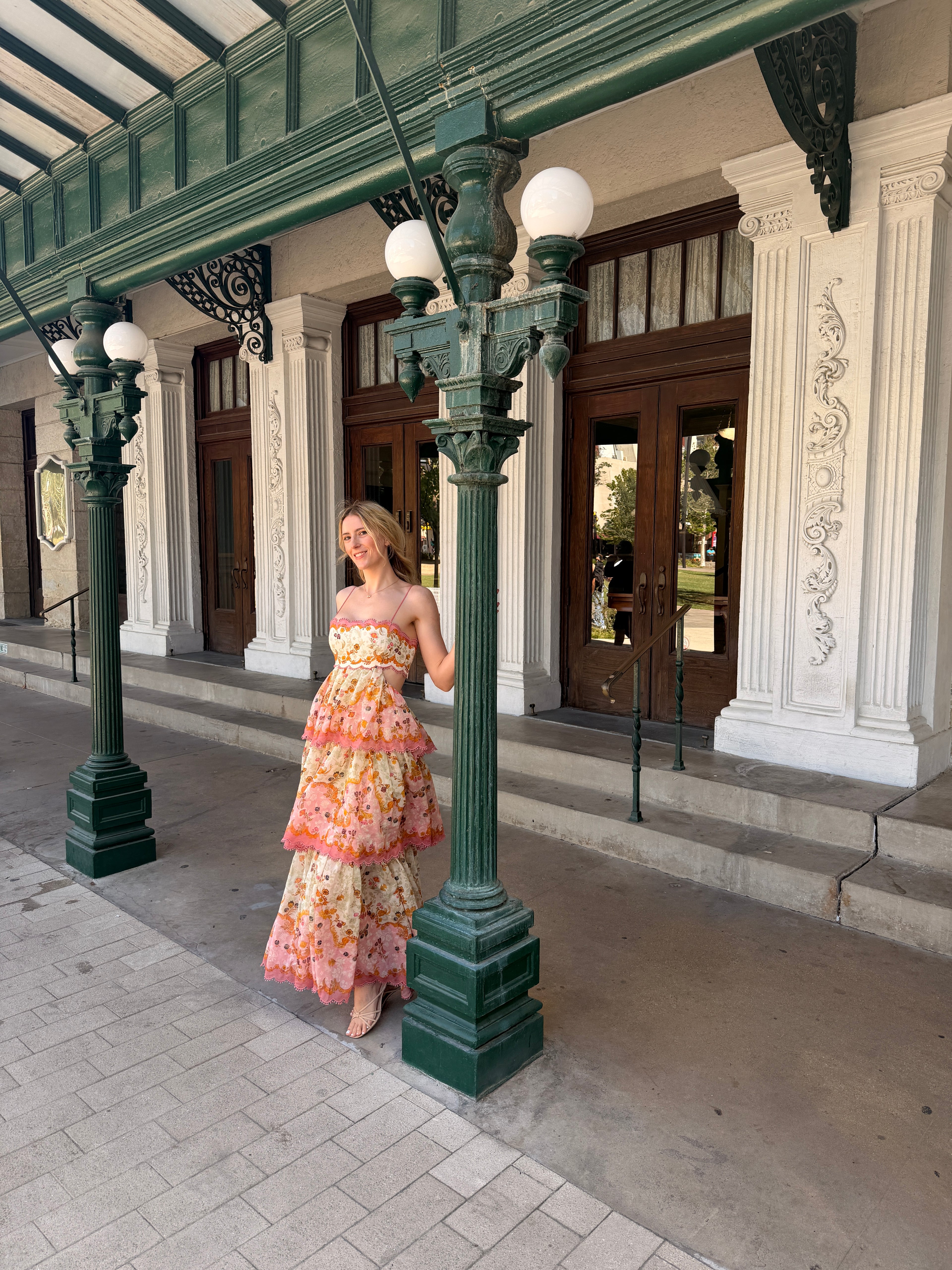 zimmermann laurel frill midi dress Zimmermann Laurel Frill Midi Dress in Pink & Green Floral
