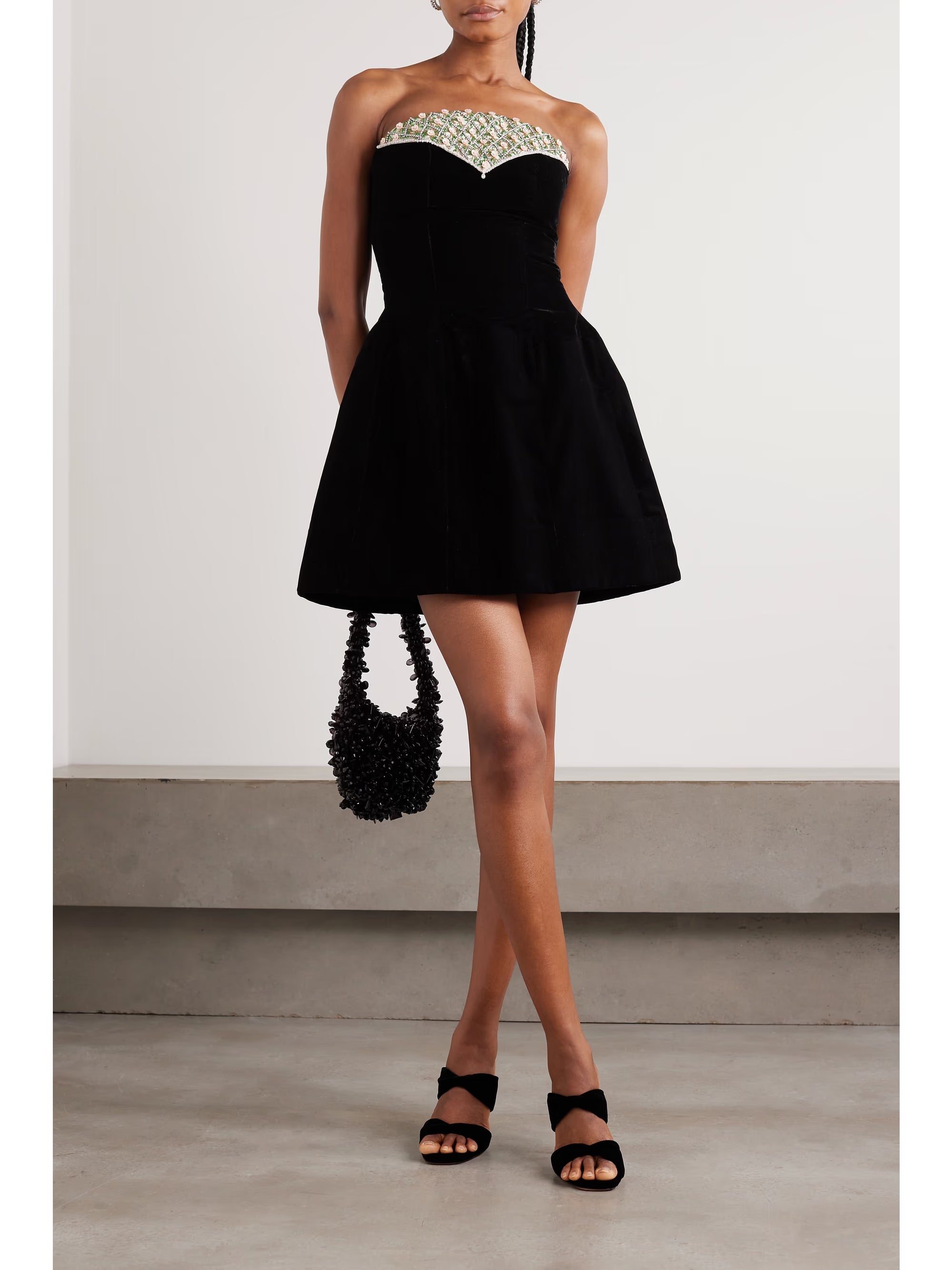 Strapless embellished velvet mini dress